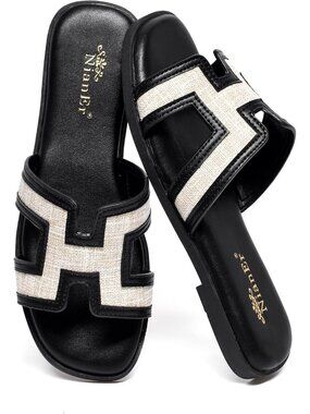 NianEr Women's Black Leather Comfortable Casual Summer Flats Sandals Shoes